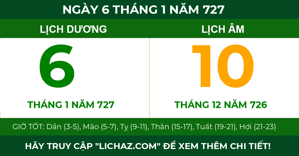 lịch âm ngày 6 tháng 1 năm 727