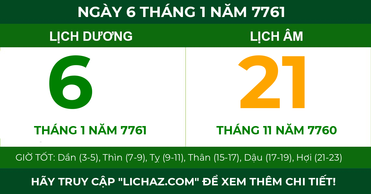 lịch âm ngày 6 tháng 1 năm 7761