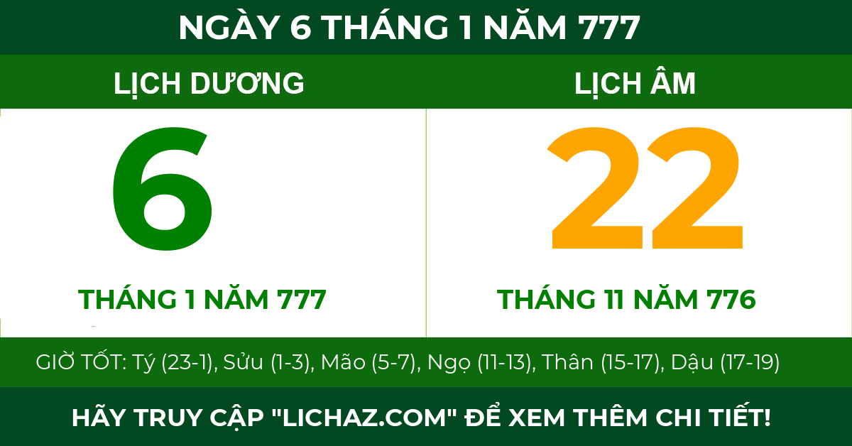 lịch âm ngày 6 tháng 1 năm 777