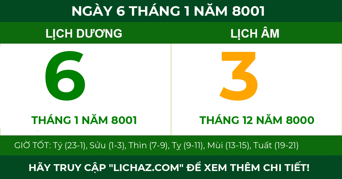 lịch âm ngày 6 tháng 1 năm 8001