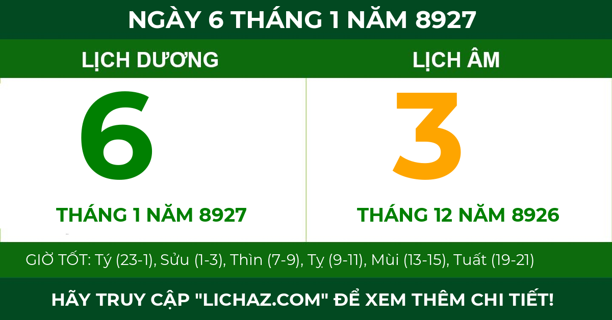 lịch âm ngày 6 tháng 1 năm 8927