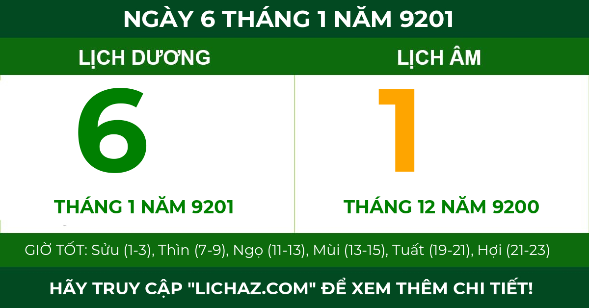 lịch âm ngày 6 tháng 1 năm 9201