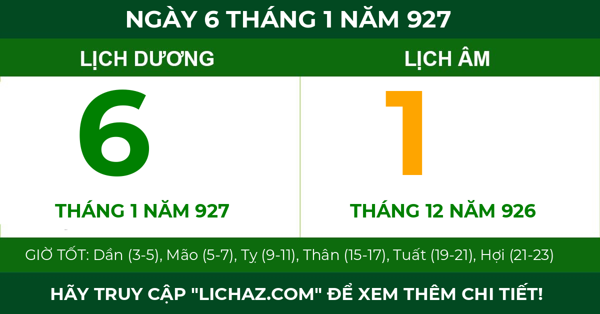 lịch âm ngày 6 tháng 1 năm 927