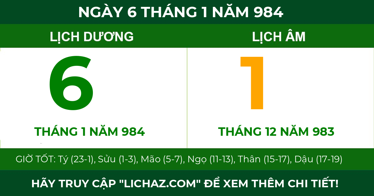 lịch âm ngày 6 tháng 1 năm 984