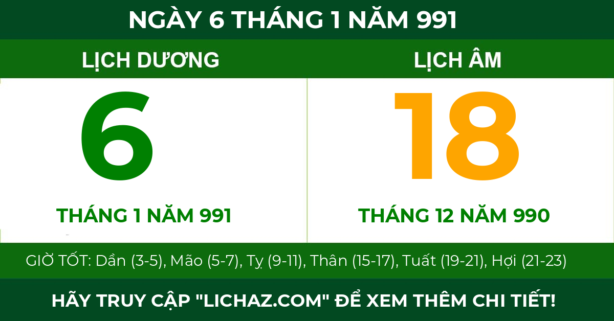 lịch âm ngày 6 tháng 1 năm 991