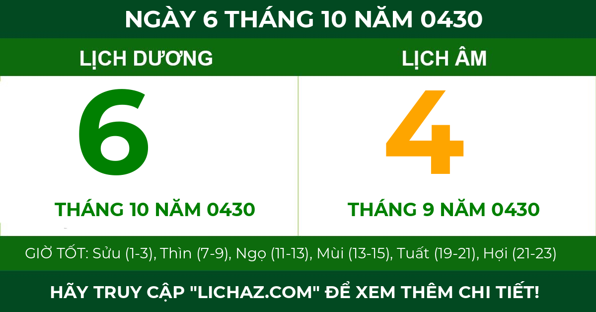 lịch âm ngày 6 tháng 10 năm 0430