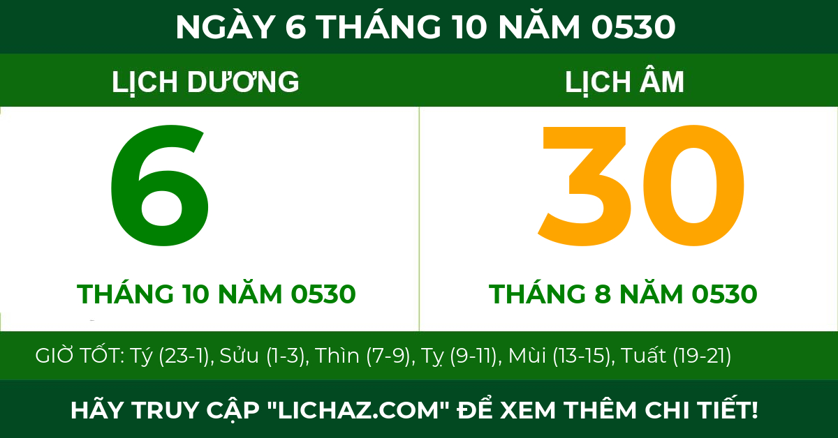 lịch âm ngày 6 tháng 10 năm 0530