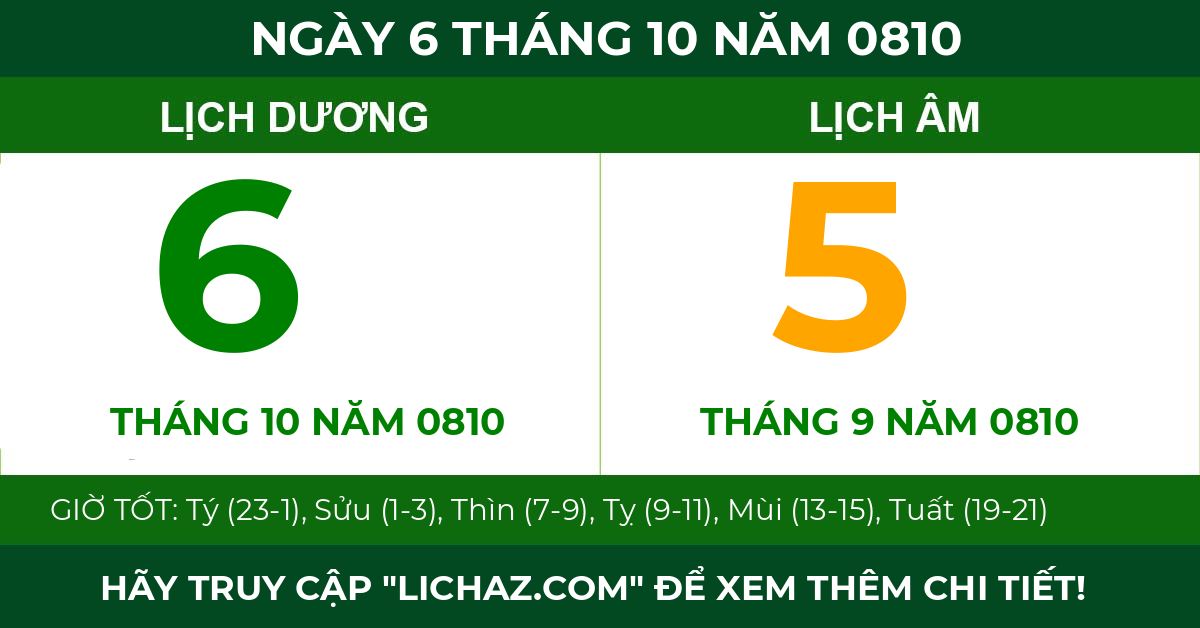 lịch âm ngày 6 tháng 10 năm 0810