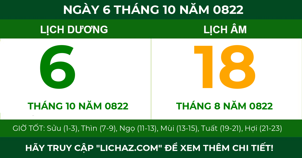 lịch âm ngày 6 tháng 10 năm 0822