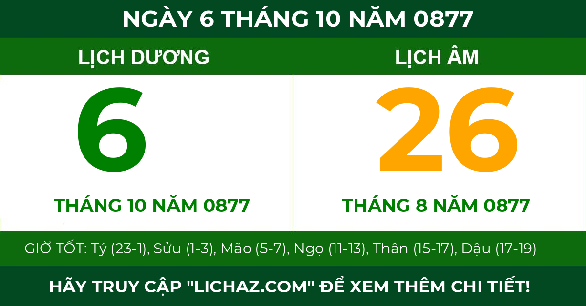 lịch âm ngày 6 tháng 10 năm 0877