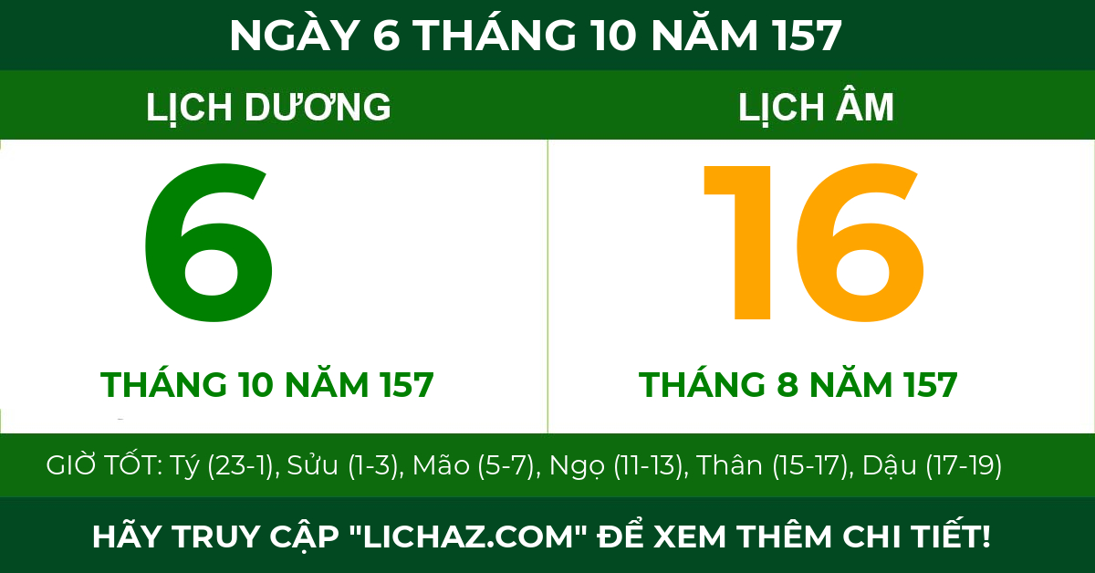 lịch âm ngày 6 tháng 10 năm 157