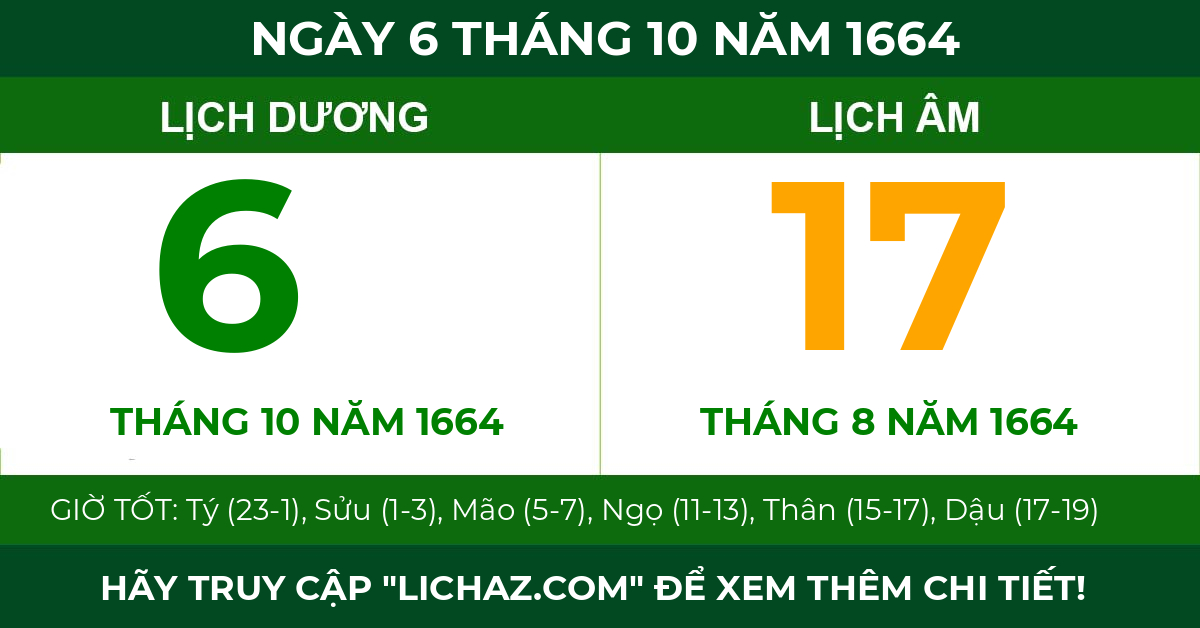 lịch âm ngày 6 tháng 10 năm 1664