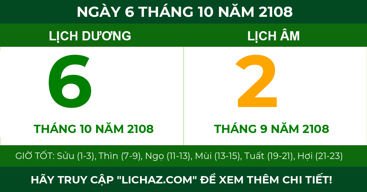 lịch âm ngày 6 tháng 10 năm 2108