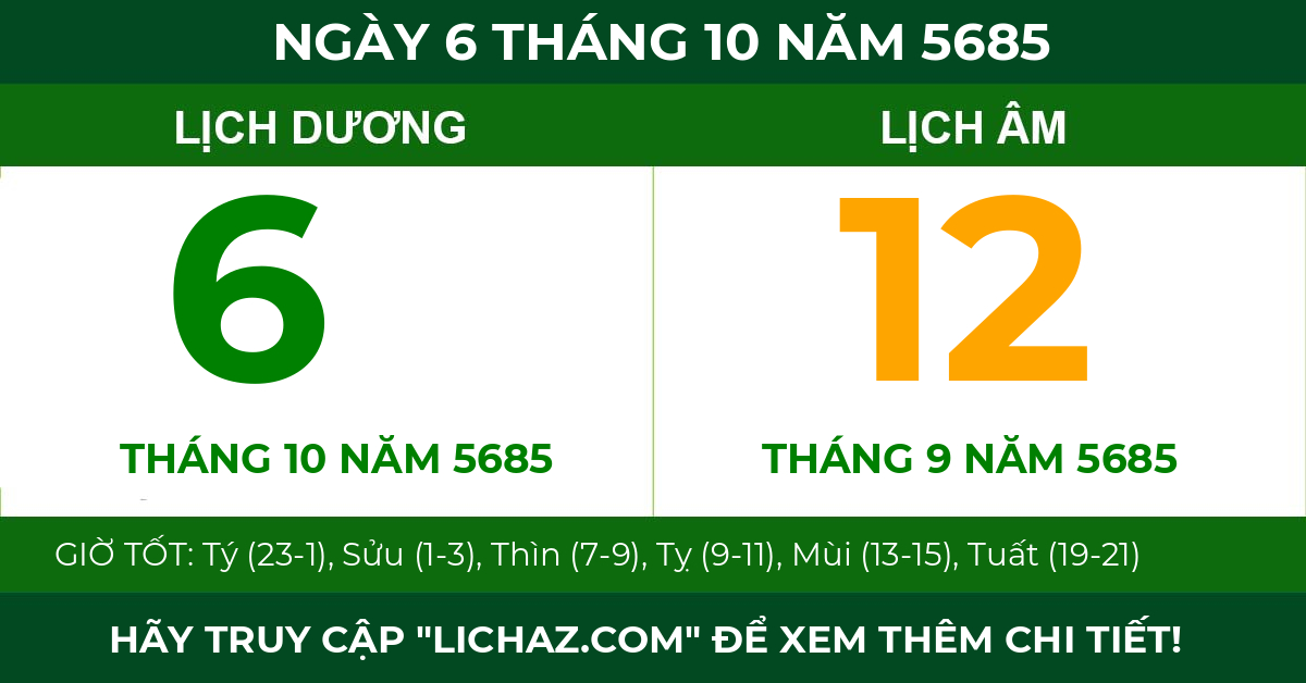lịch âm ngày 6 tháng 10 năm 5685