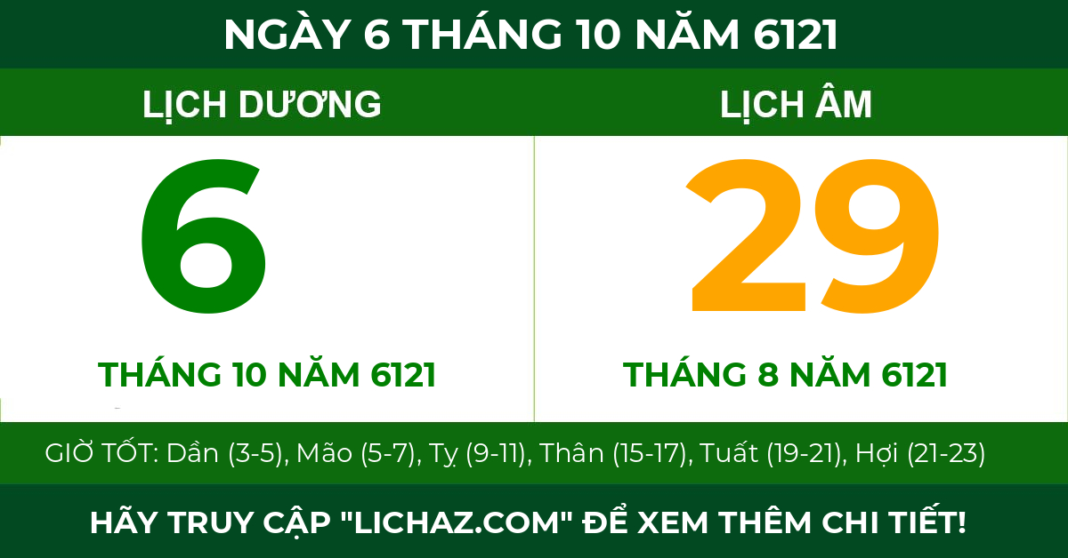 lịch âm ngày 6 tháng 10 năm 6121