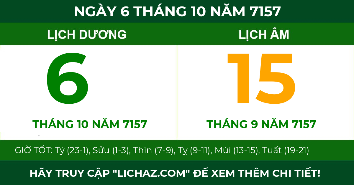lịch âm ngày 6 tháng 10 năm 7157