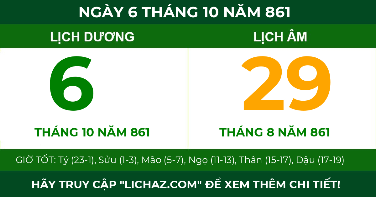 lịch âm ngày 6 tháng 10 năm 861