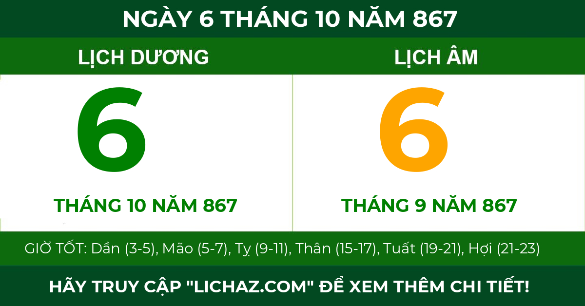 lịch âm ngày 6 tháng 10 năm 867