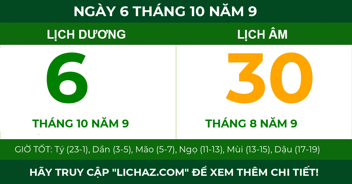 lịch âm ngày 6 tháng 10 năm 9