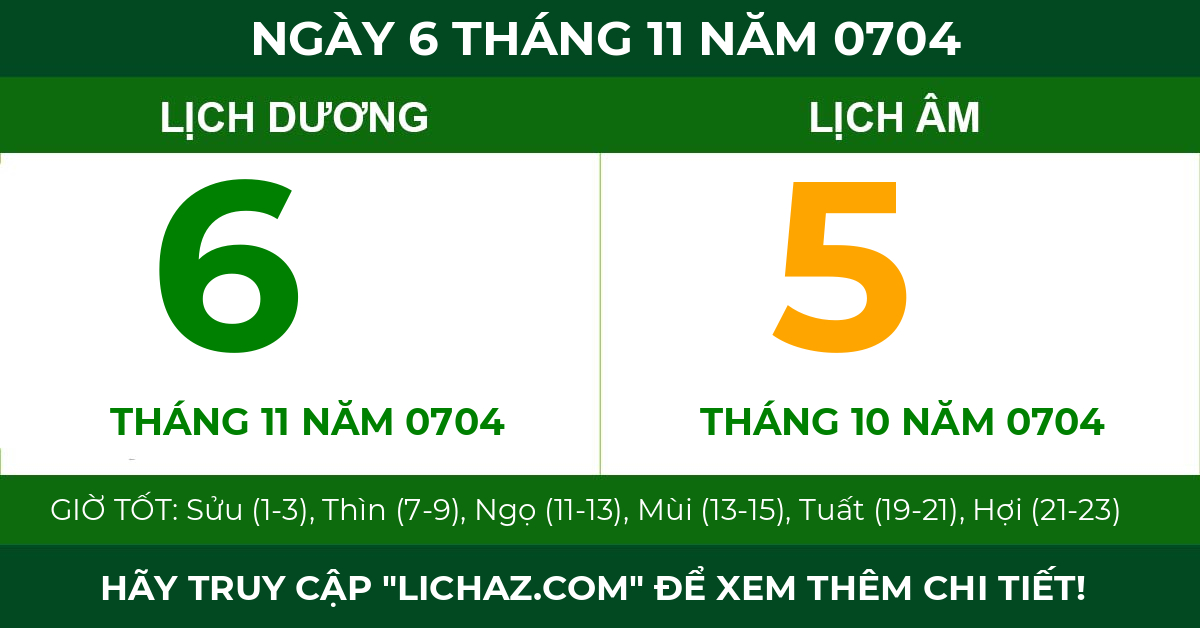 lịch âm ngày 6 tháng 11 năm 0704