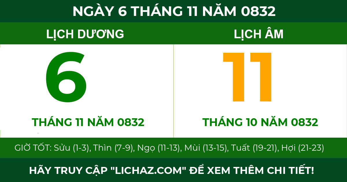 lịch âm ngày 6 tháng 11 năm 0832
