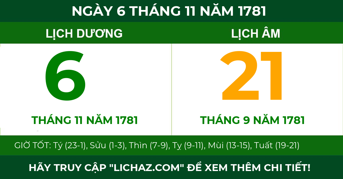 lịch âm ngày 6 tháng 11 năm 1781