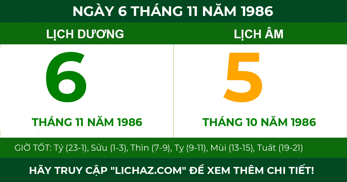 lịch âm ngày 6 tháng 11 năm 1986