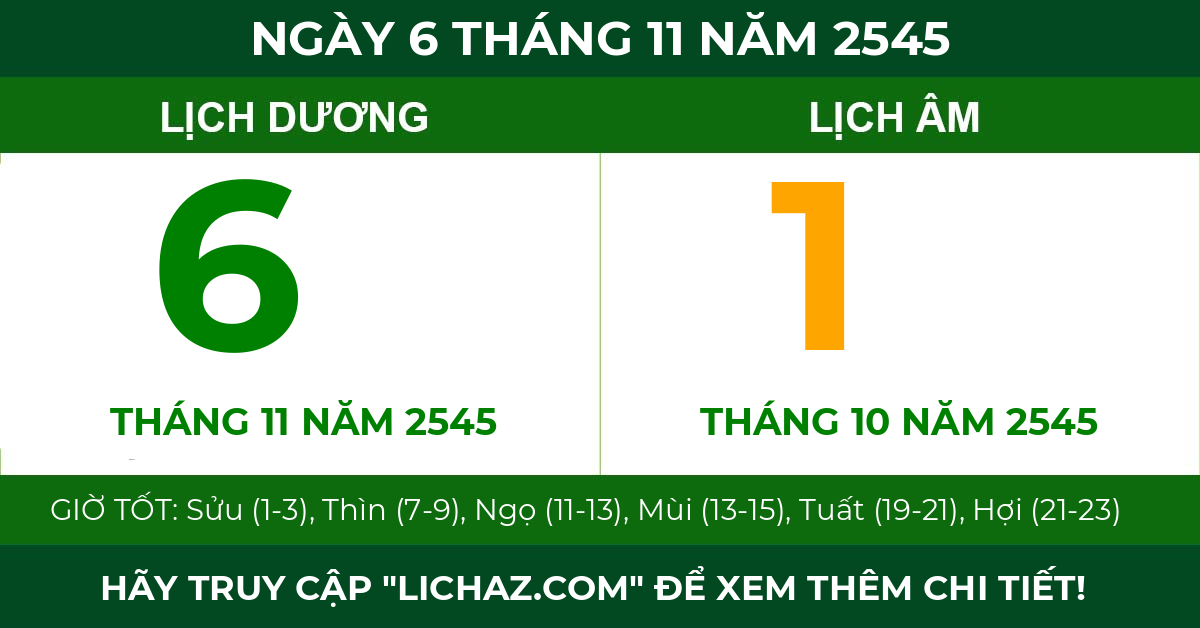 lịch âm ngày 6 tháng 11 năm 2545