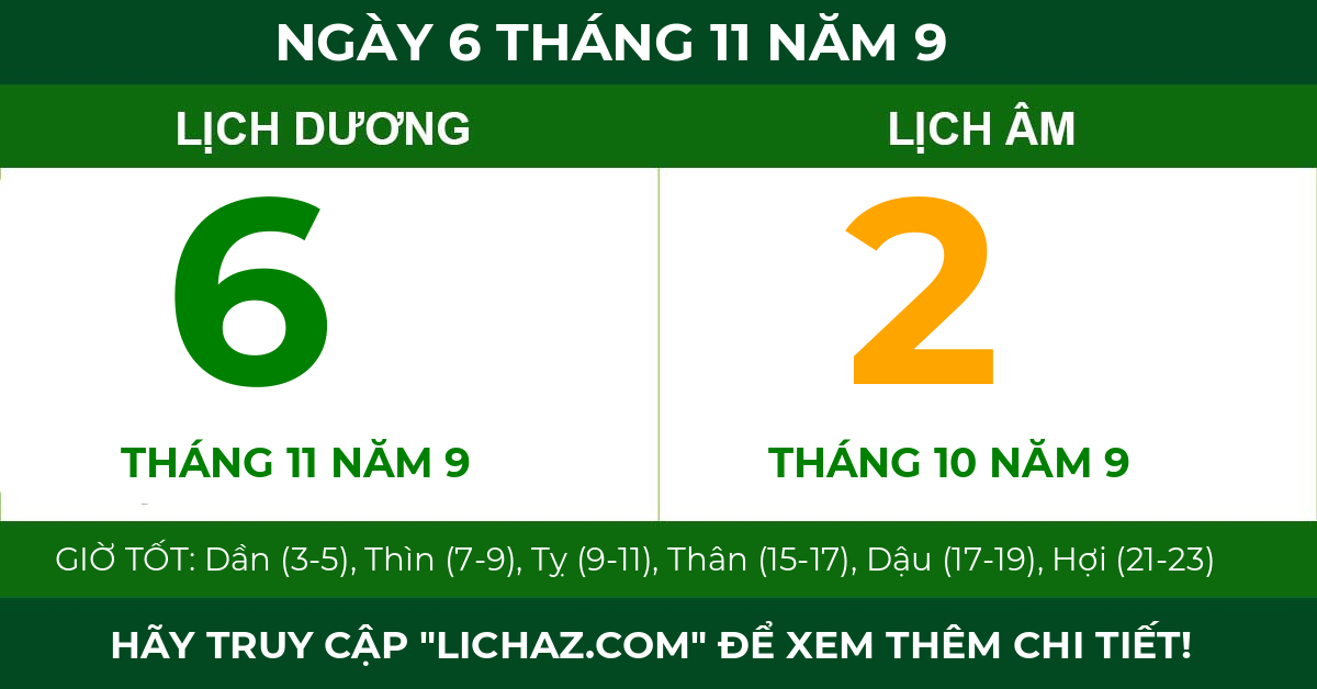 lịch âm ngày 6 tháng 11 năm 9