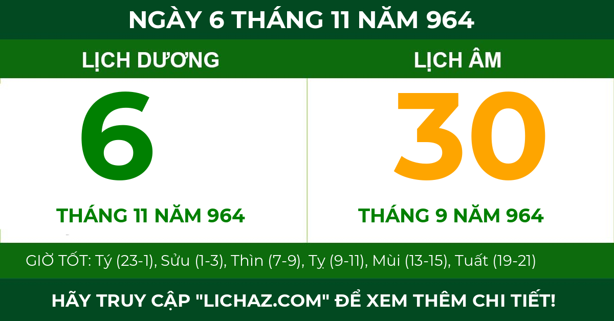 lịch âm ngày 6 tháng 11 năm 964