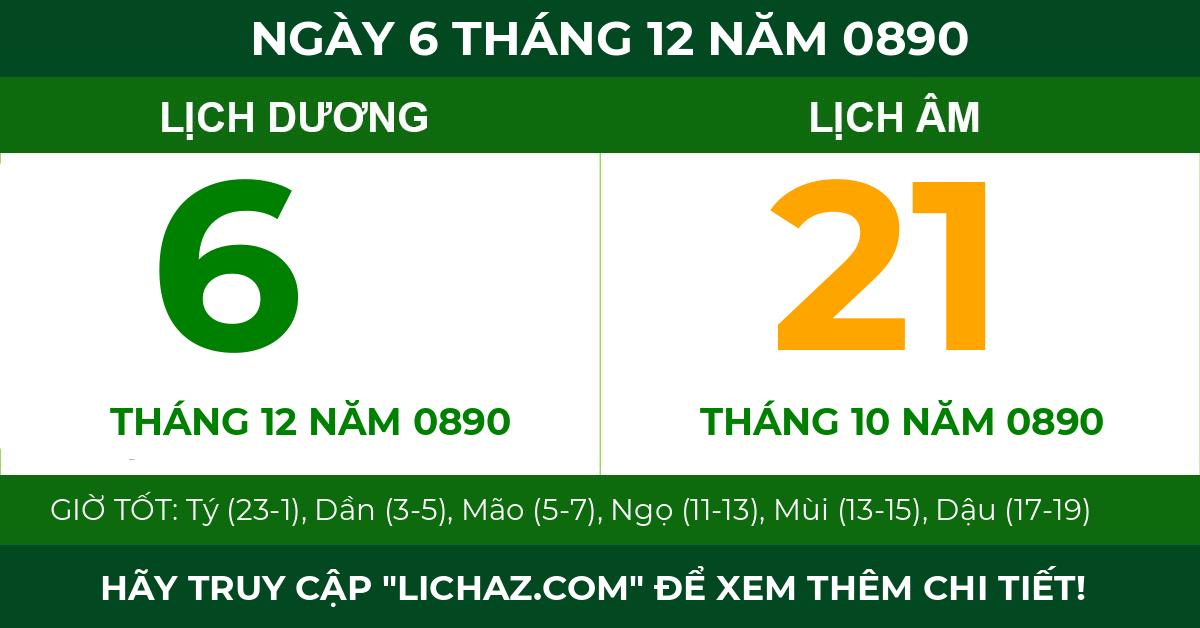 lịch âm ngày 6 tháng 12 năm 0890