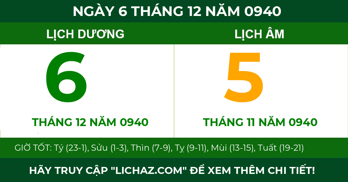lịch âm ngày 6 tháng 12 năm 0940