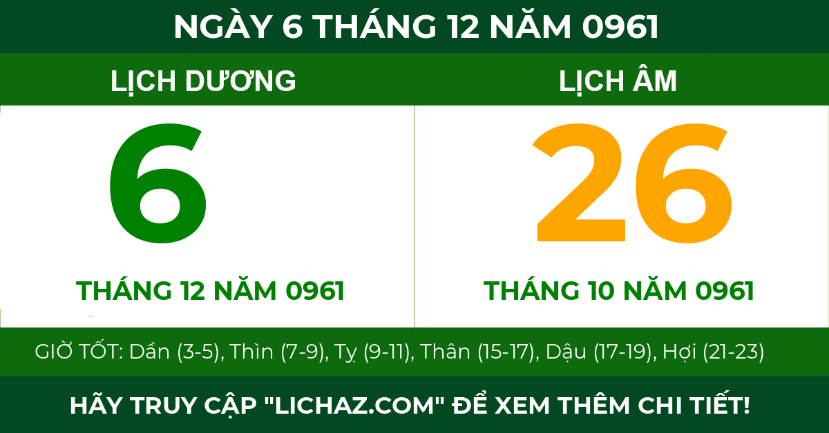 lịch âm ngày 6 tháng 12 năm 0961