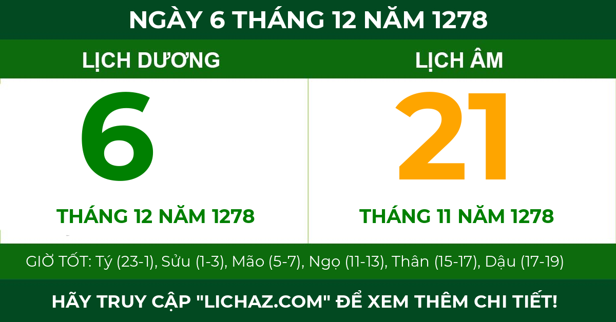lịch âm ngày 6 tháng 12 năm 1278