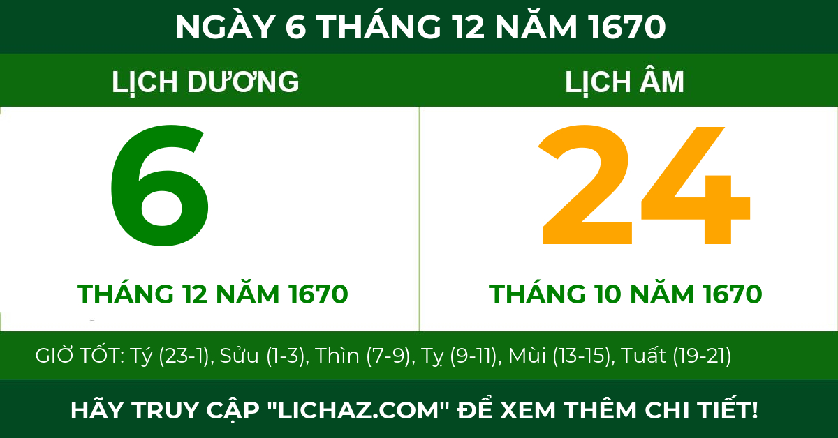 lịch âm ngày 6 tháng 12 năm 1670
