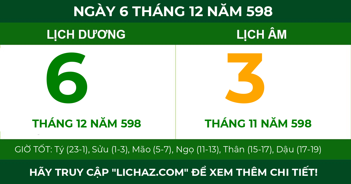 lịch âm ngày 6 tháng 12 năm 598