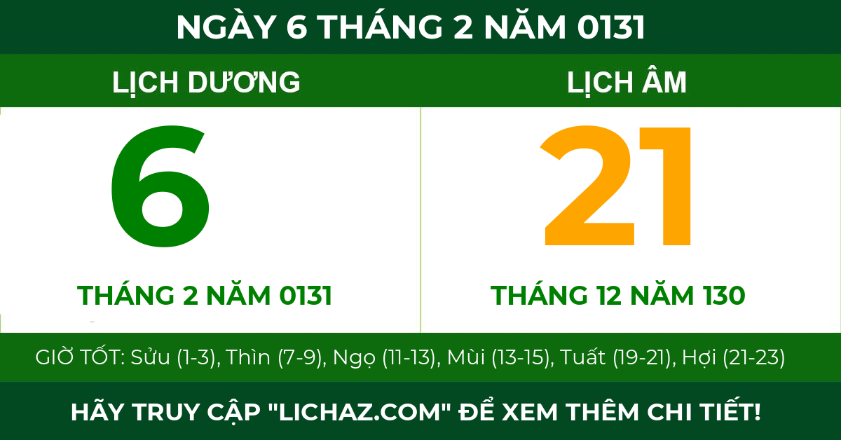 lịch âm ngày 6 tháng 2 năm 0131
