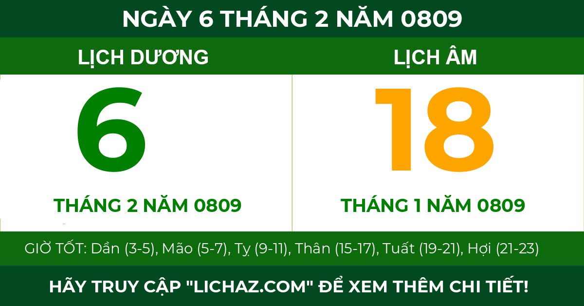lịch âm ngày 6 tháng 2 năm 0809