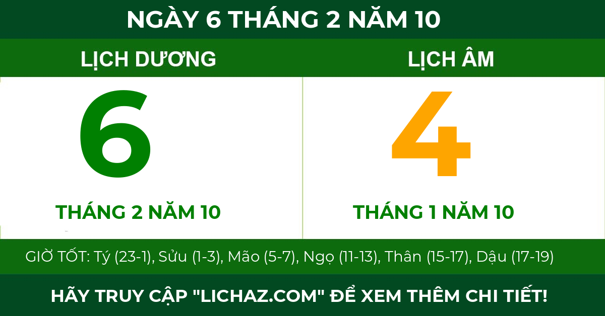 lịch âm ngày 6 tháng 2 năm 10