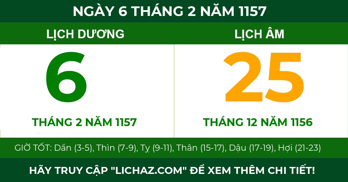 lịch âm ngày 6 tháng 2 năm 1157