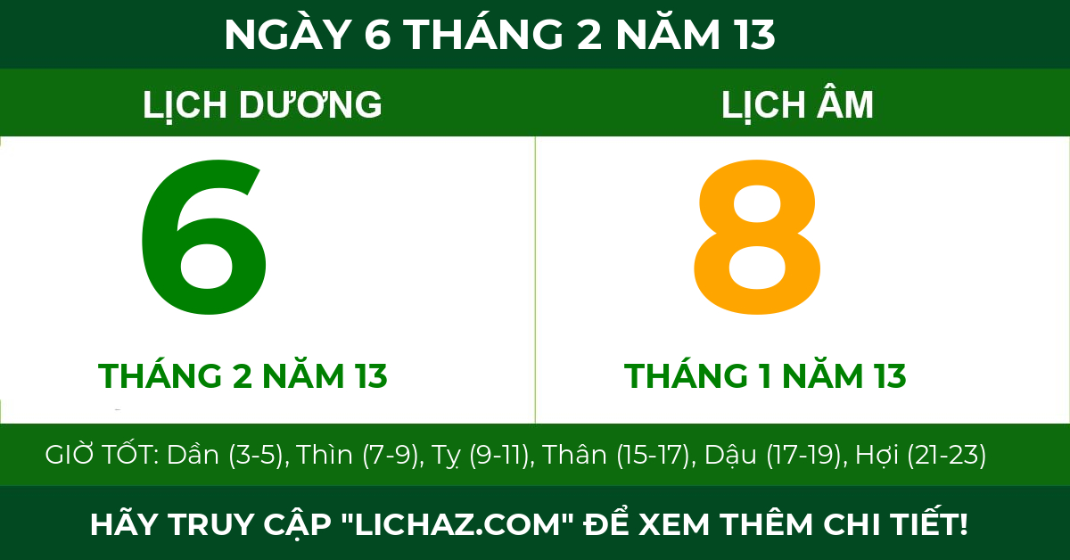 lịch âm ngày 6 tháng 2 năm 13