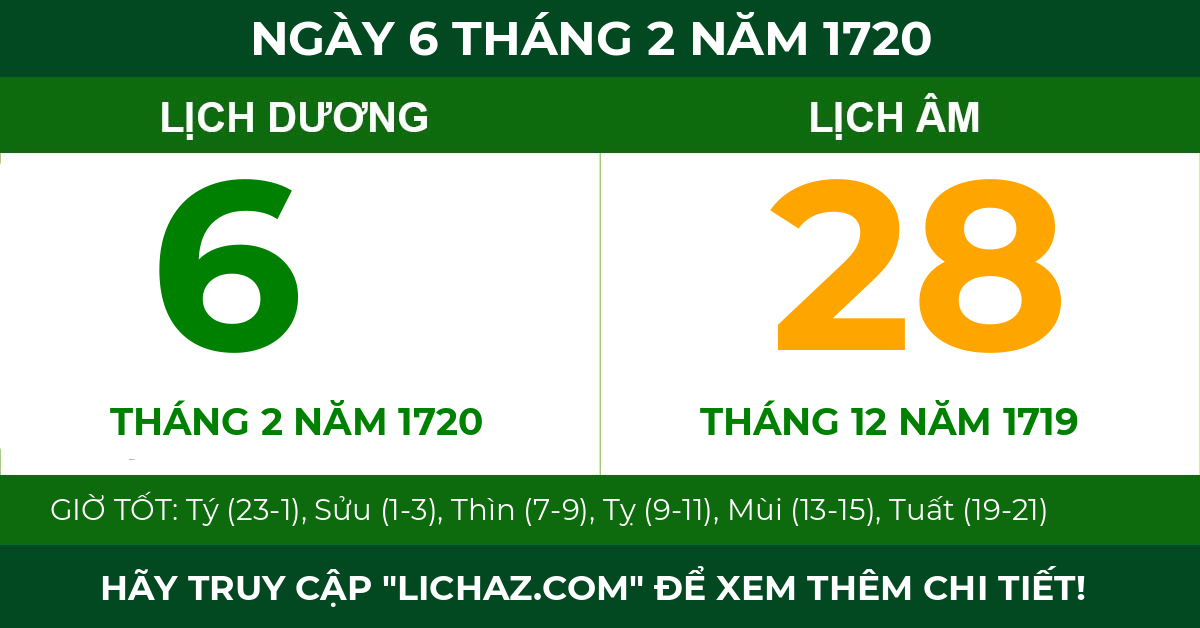 lịch âm ngày 6 tháng 2 năm 1720