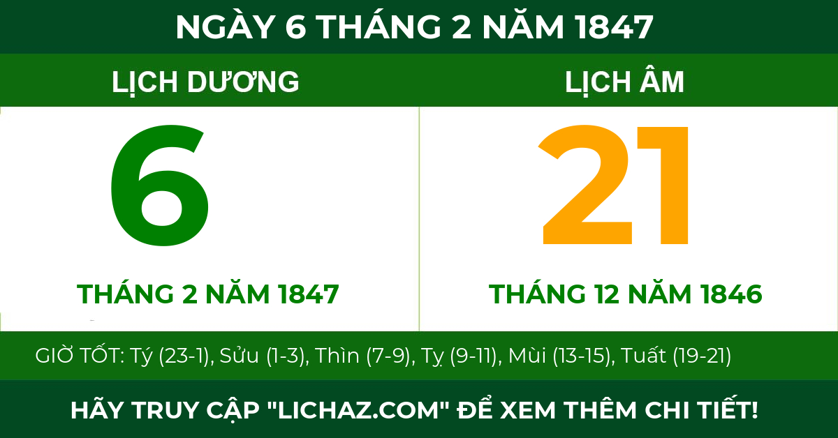 lịch âm ngày 6 tháng 2 năm 1847