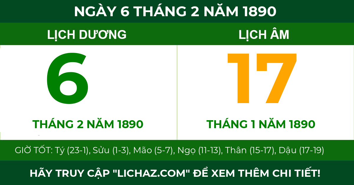 lịch âm ngày 6 tháng 2 năm 1890