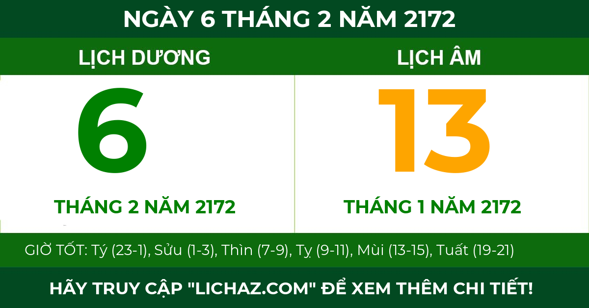 lịch âm ngày 6 tháng 2 năm 2172