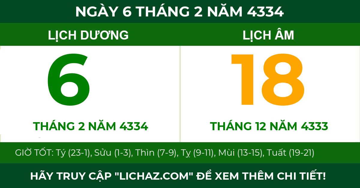 lịch âm ngày 6 tháng 2 năm 4334