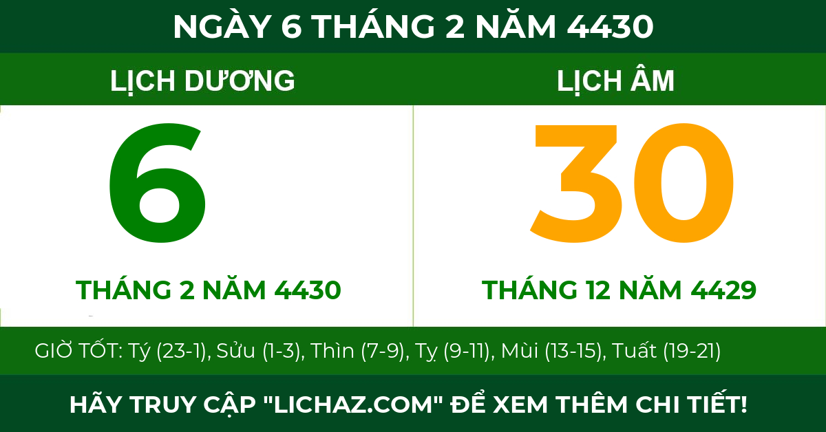 lịch âm ngày 6 tháng 2 năm 4430