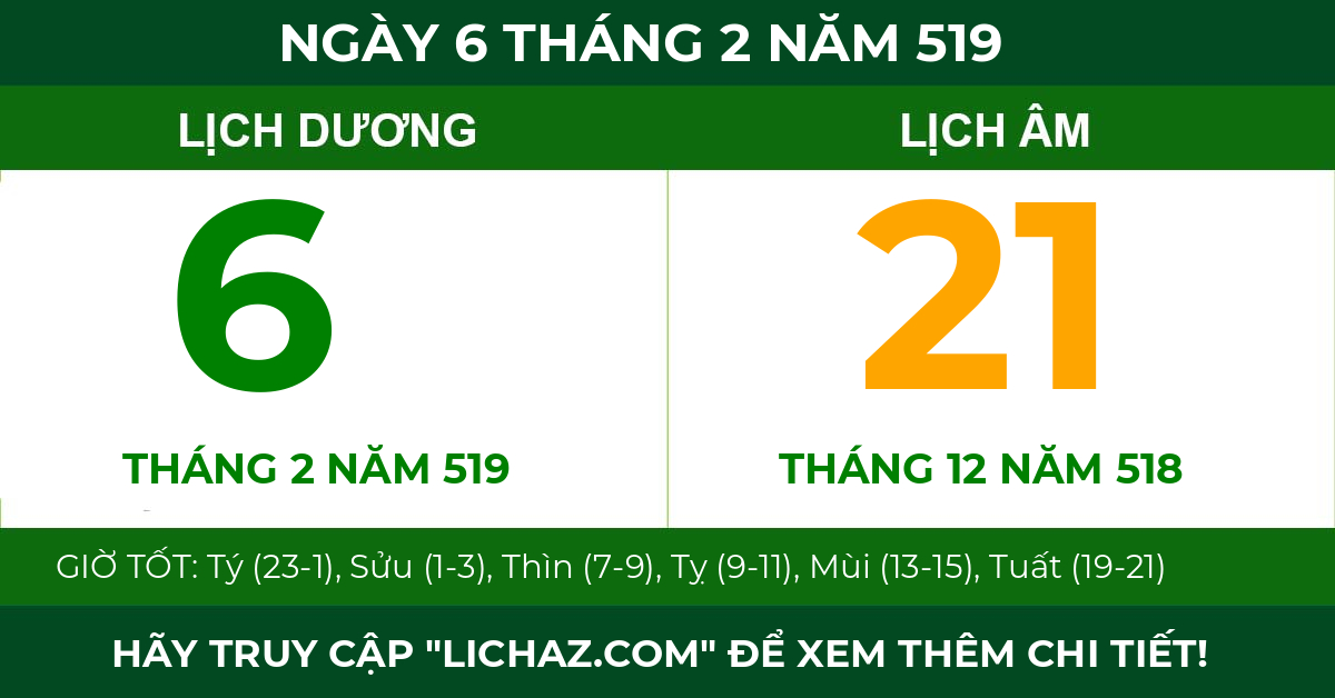 lịch âm ngày 6 tháng 2 năm 519