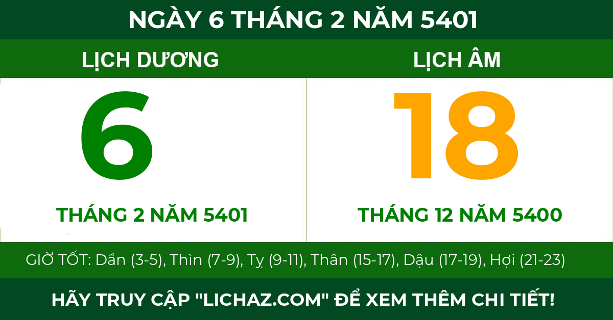 lịch âm ngày 6 tháng 2 năm 5401