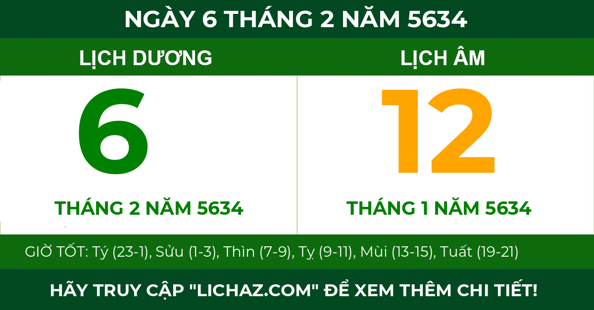 lịch âm ngày 6 tháng 2 năm 5634